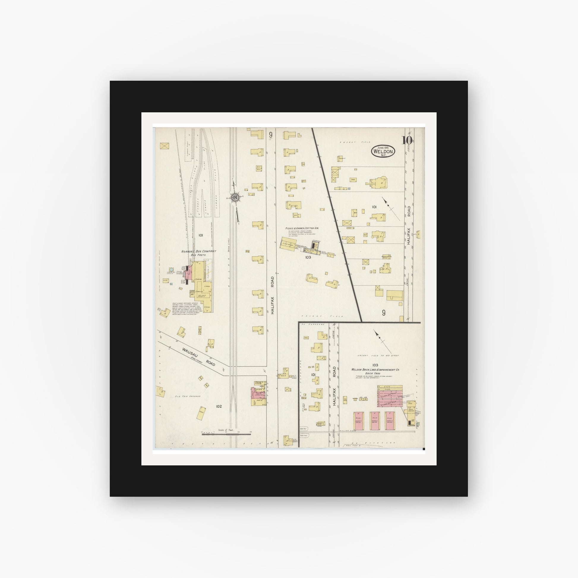 Old map wall art mockup — black gallery frame with white mat — Sanborn Fire Insurance Map from Weldon, Halifax County, North Carolina (1915), Sheet #0010