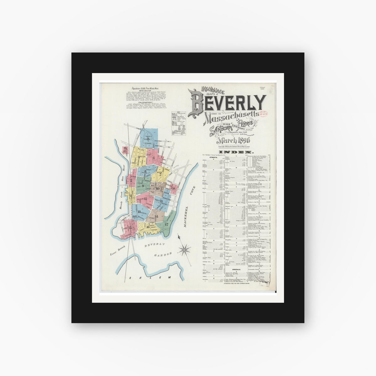 Old map wall art mockup — black gallery frame with white mat — Sanborn Fire Insurance Map from Beverly, Essex County, Massachusetts (1896) - Complete Map Set