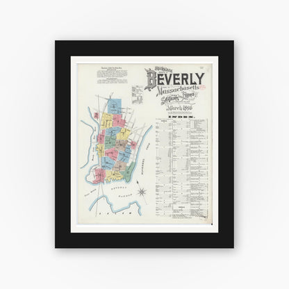 Old map wall art mockup — black gallery frame with white mat — Sanborn Fire Insurance Map from Beverly, Essex County, Massachusetts (1896) - Complete Map Set