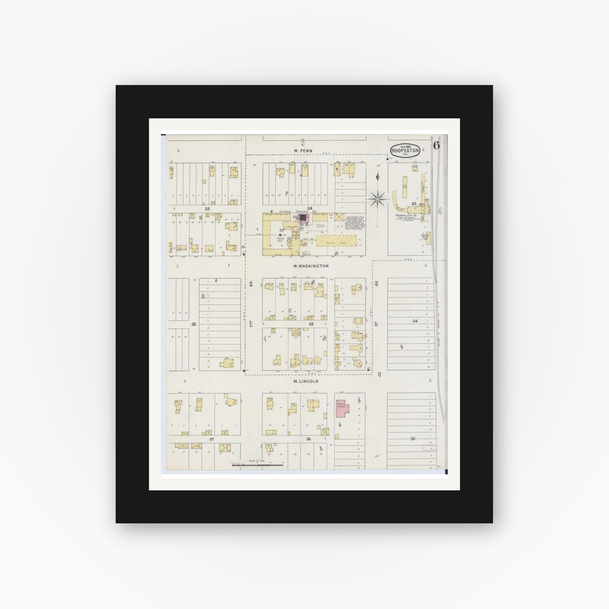 Old map wall art mockup — black gallery frame with white mat — Sanborn Fire Insurance Map from Hoopeston, Vermilion County, Illinois (1895), Sheet #0006