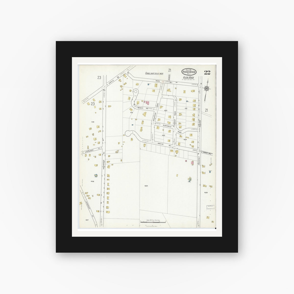 Old map wall art mockup — black gallery frame with white mat — Sanborn Fire Insurance Map from Ridgewood, Bergen County, New Jersey (1916), Sheet #0022