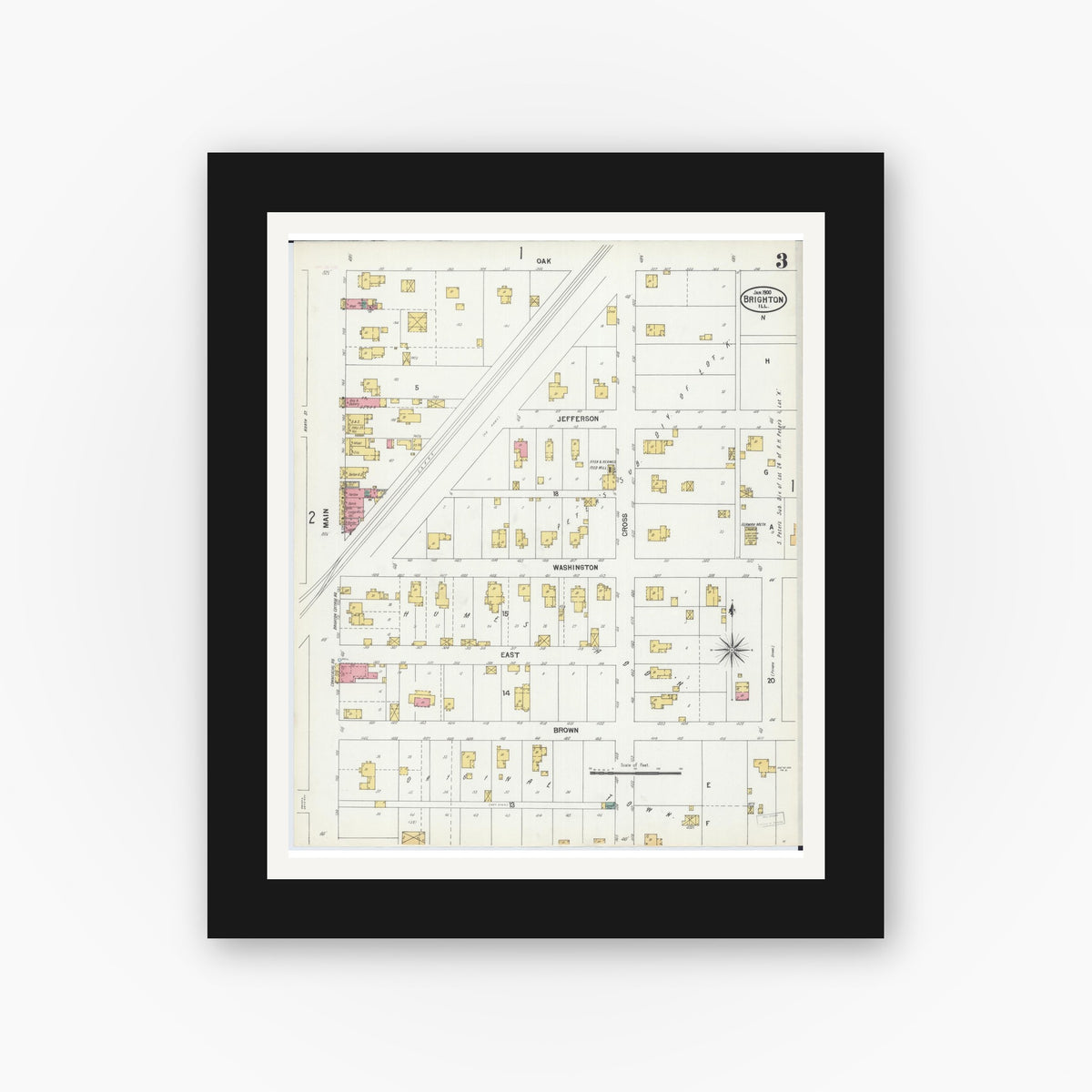 Old map wall art mockup — black gallery frame with white mat — Sanborn Fire Insurance Map from Brighton, Macoupin County, Illinois (1900), Sheet #0003