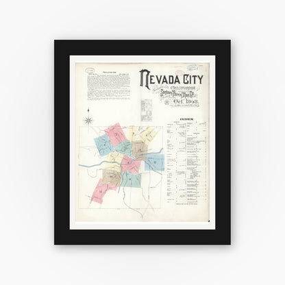 Old map wall art mockup — black gallery frame with white mat — Sanborn Fire Insurance Map from Nevada City, Nevada County, California (1898) - Complete Map Set