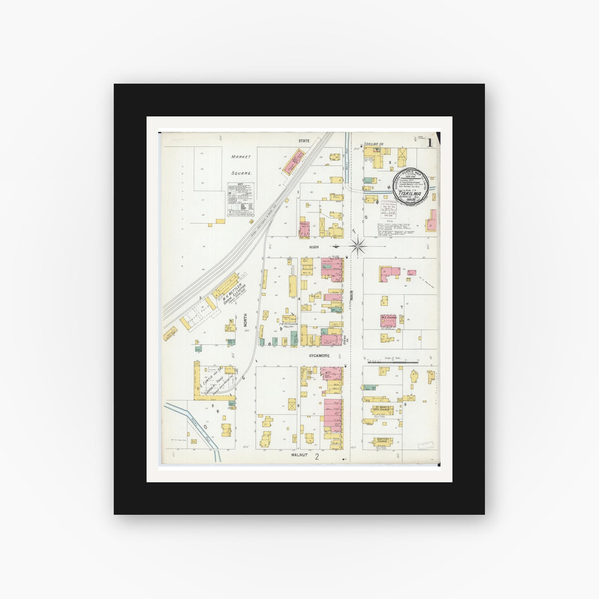 Old map wall art mockup — black gallery frame with white mat — Sanborn Fire Insurance Map from Tiskilwa, Bureau County, Illinois (1901) - Complete Map Set