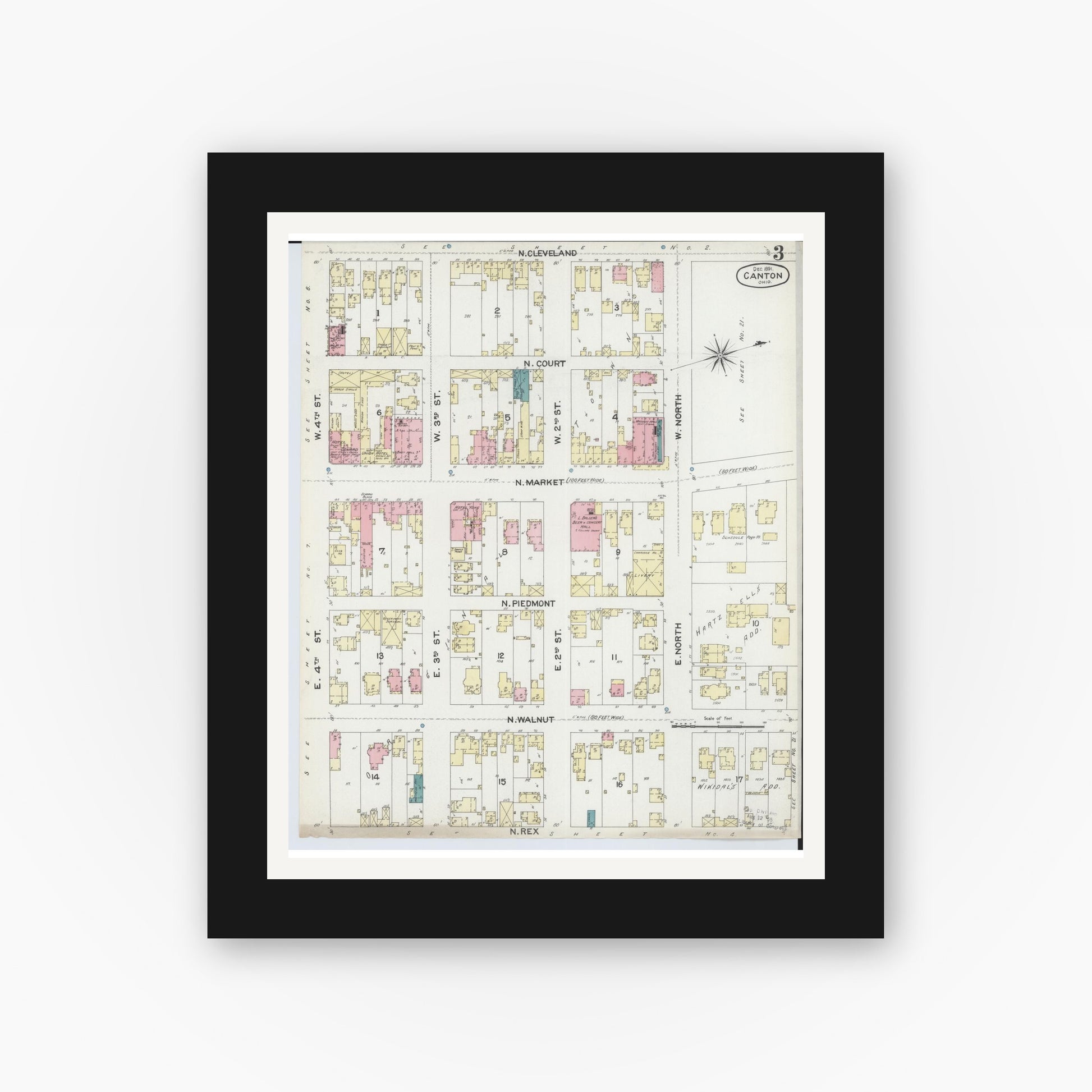 Old map wall art mockup — black gallery frame with white mat — Sanborn Fire Insurance Map from Canton, Stark County, Ohio (1891), Sheet #0003