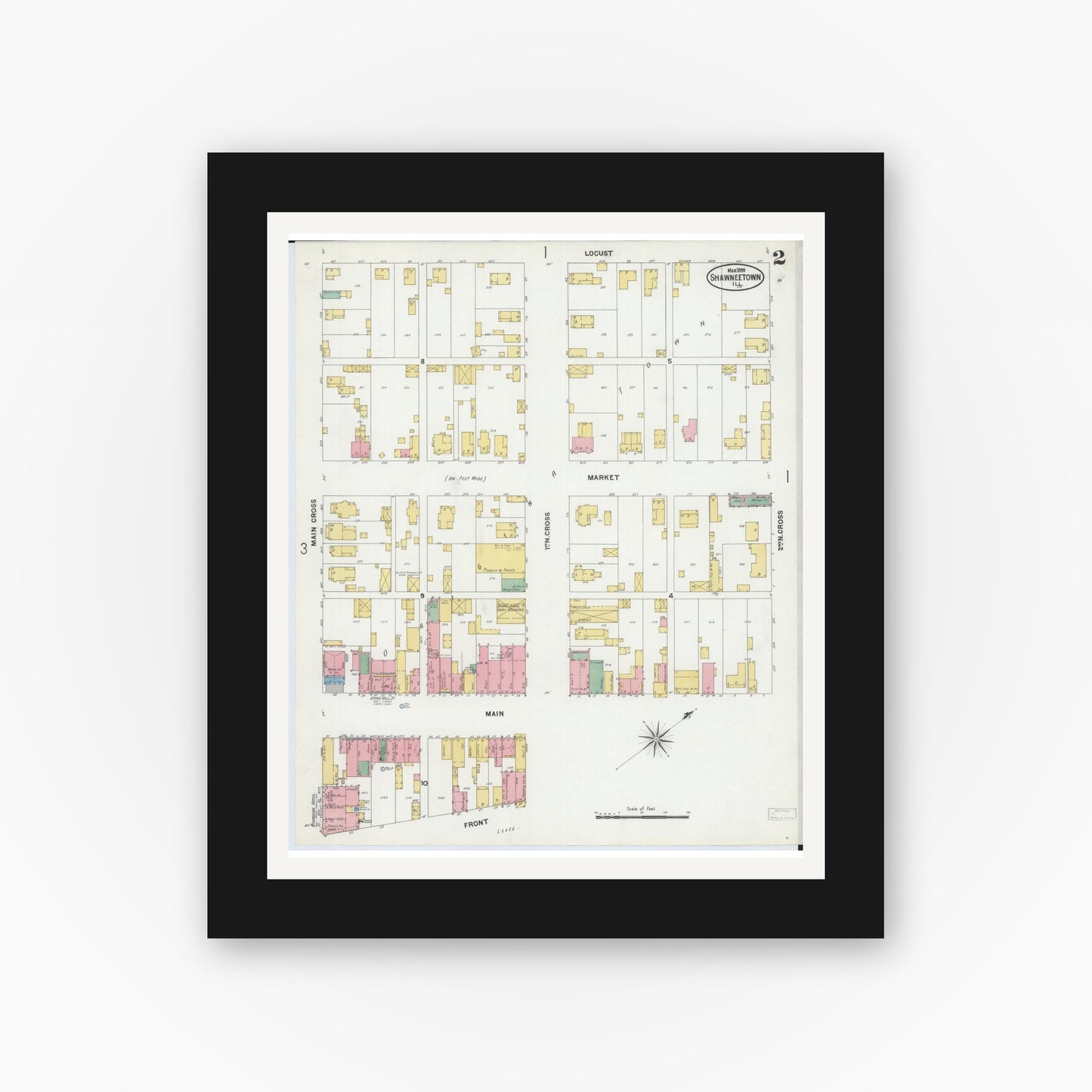 Old map wall art mockup — black gallery frame with white mat — Sanborn Fire Insurance Map from Shawneetown, Gallatin County, Illinois (1899), Sheet #0002