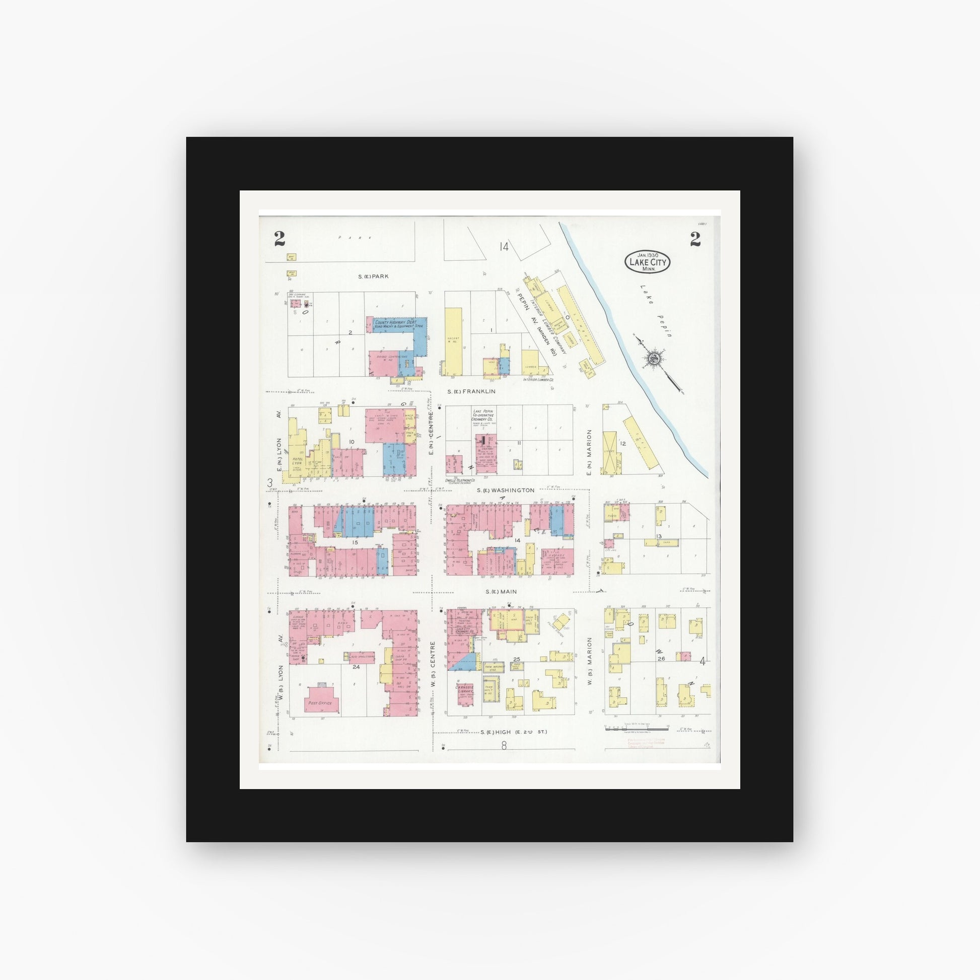 Old map wall art mockup — black gallery frame with white mat — Sanborn Fire Insurance Map from Lake City, Wabasha County, Minnesota (1930), Sheet #0002
