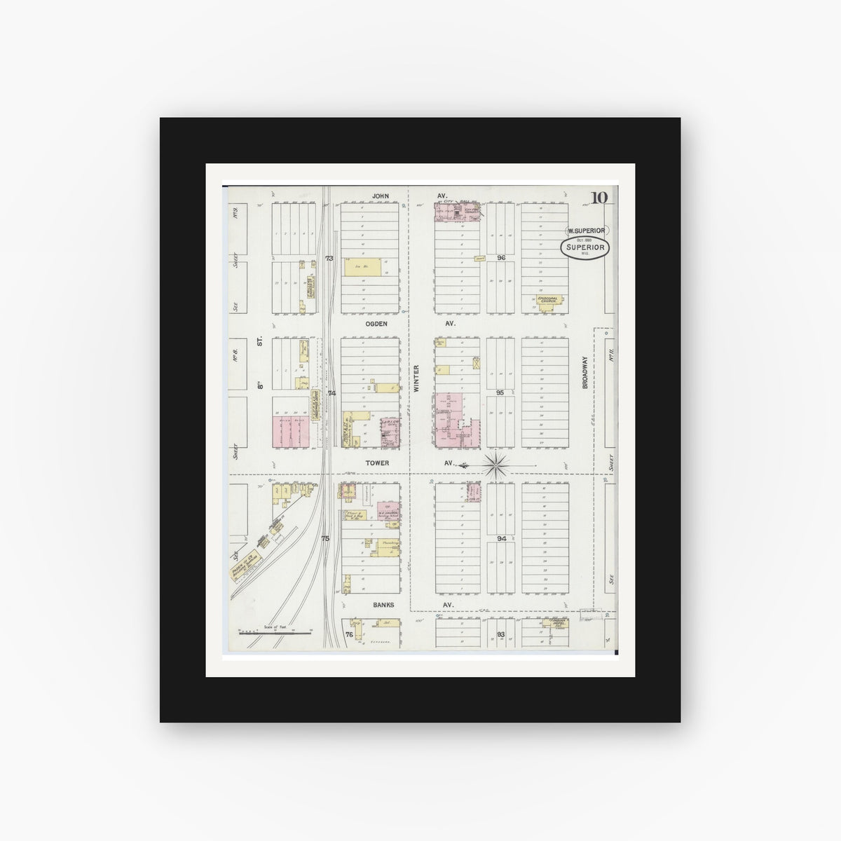 Old map wall art mockup — black gallery frame with white mat — Sanborn Fire Insurance Map from Superior, Douglas County, Wisconsin (1887), Sheet #0010