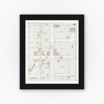 Old map wall art mockup — black gallery frame with white mat — Sanborn Fire Insurance Map from Superior, Douglas County, Wisconsin (1887), Sheet #0010