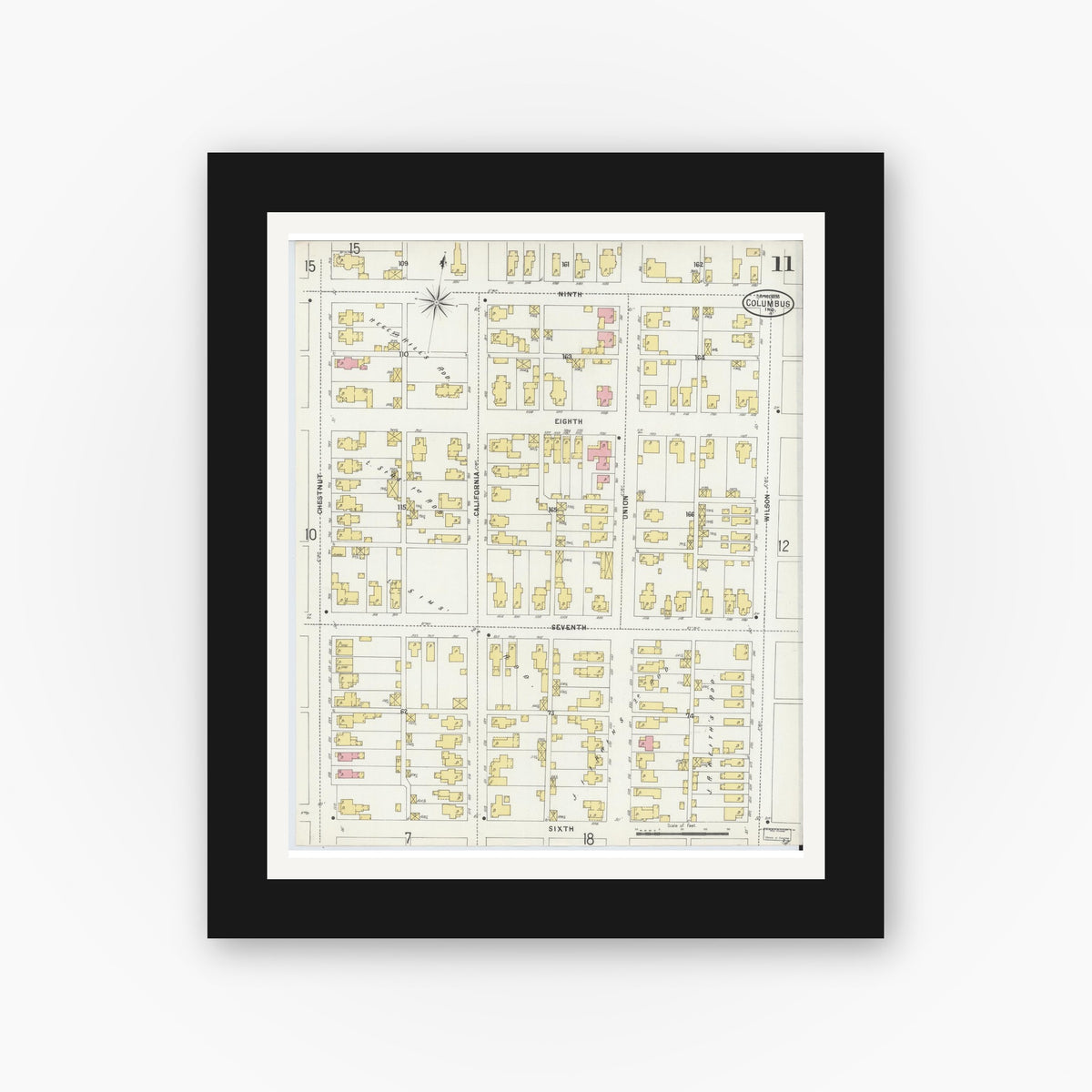 Old map wall art mockup — black gallery frame with white mat — Sanborn Fire Insurance Map from Columbus, Bartholomew County, Indiana (1898), Sheet #0011