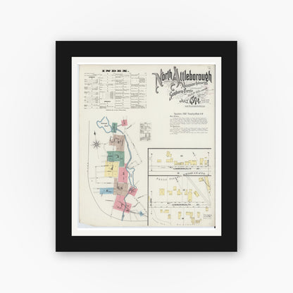 Old map wall art mockup — black gallery frame with white mat — Sanborn Fire Insurance Map from North Attleborough, Bristol County, Massachusetts (1894) - Complete Map Set