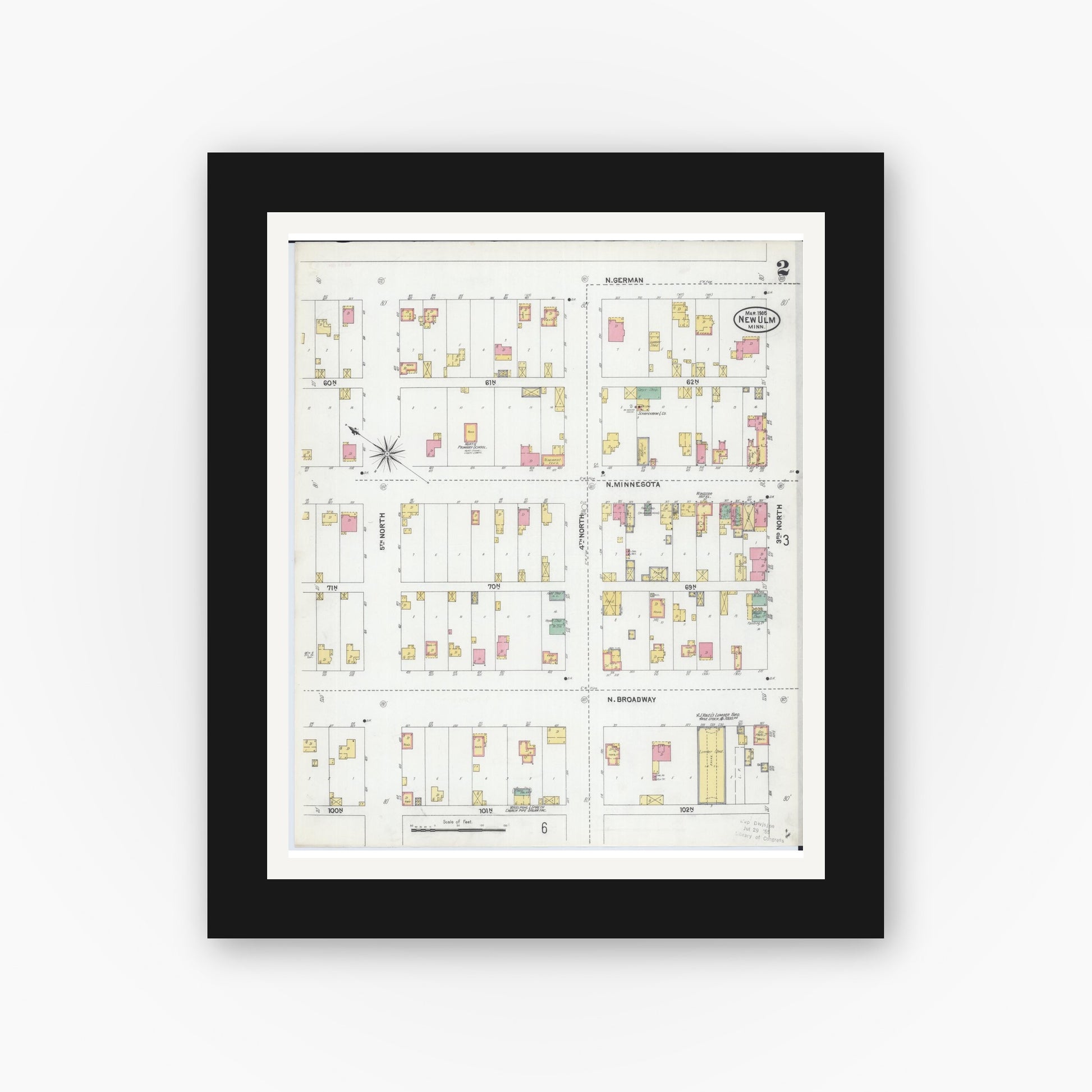 Old map wall art mockup — black gallery frame with white mat — Sanborn Fire Insurance Map from New Ulm, Brown County, Minnesota (1905), Sheet #0002