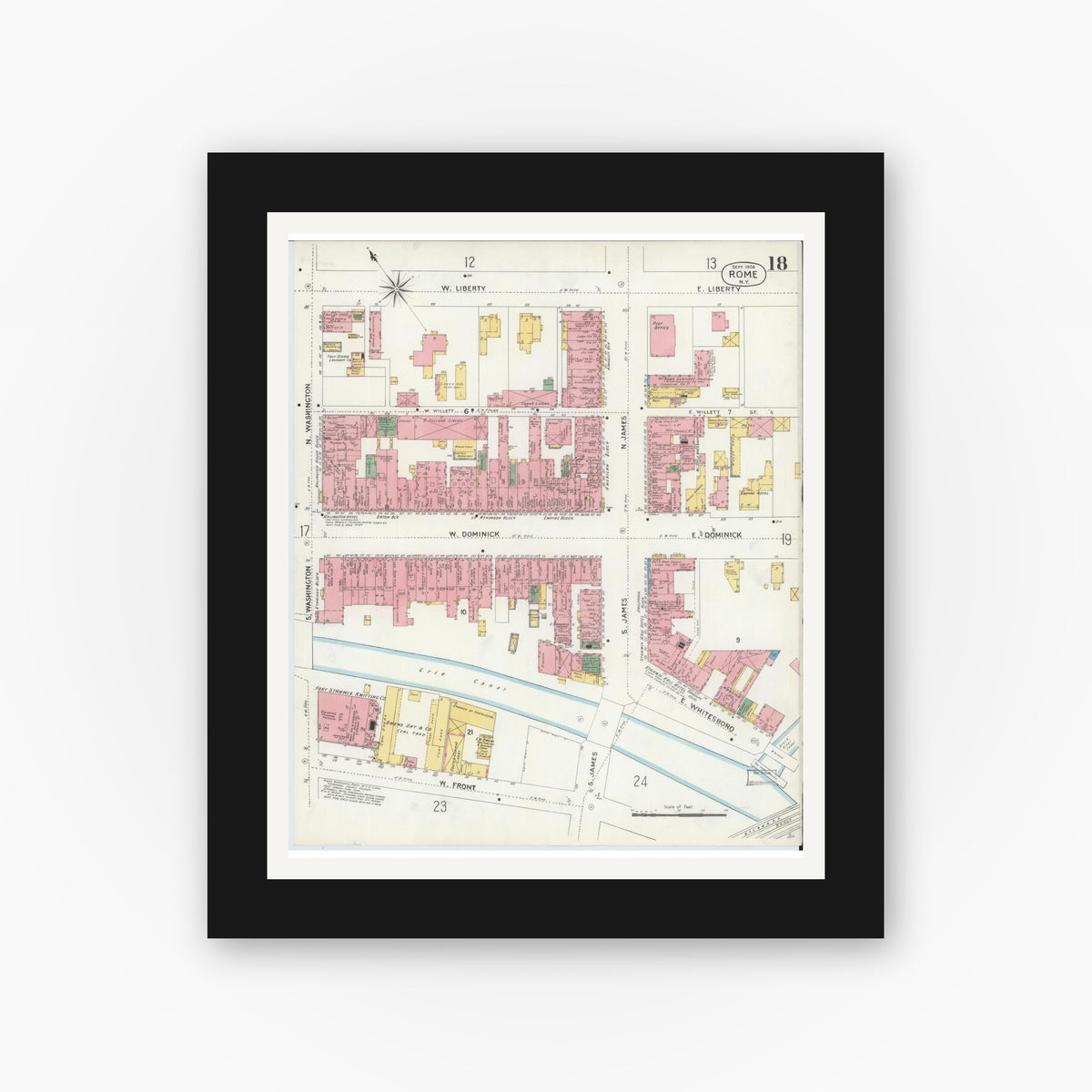 Old map wall art mockup — black gallery frame with white mat — Sanborn Fire Insurance Map from Rome, Oneida County, New York (1904), Sheet #0018