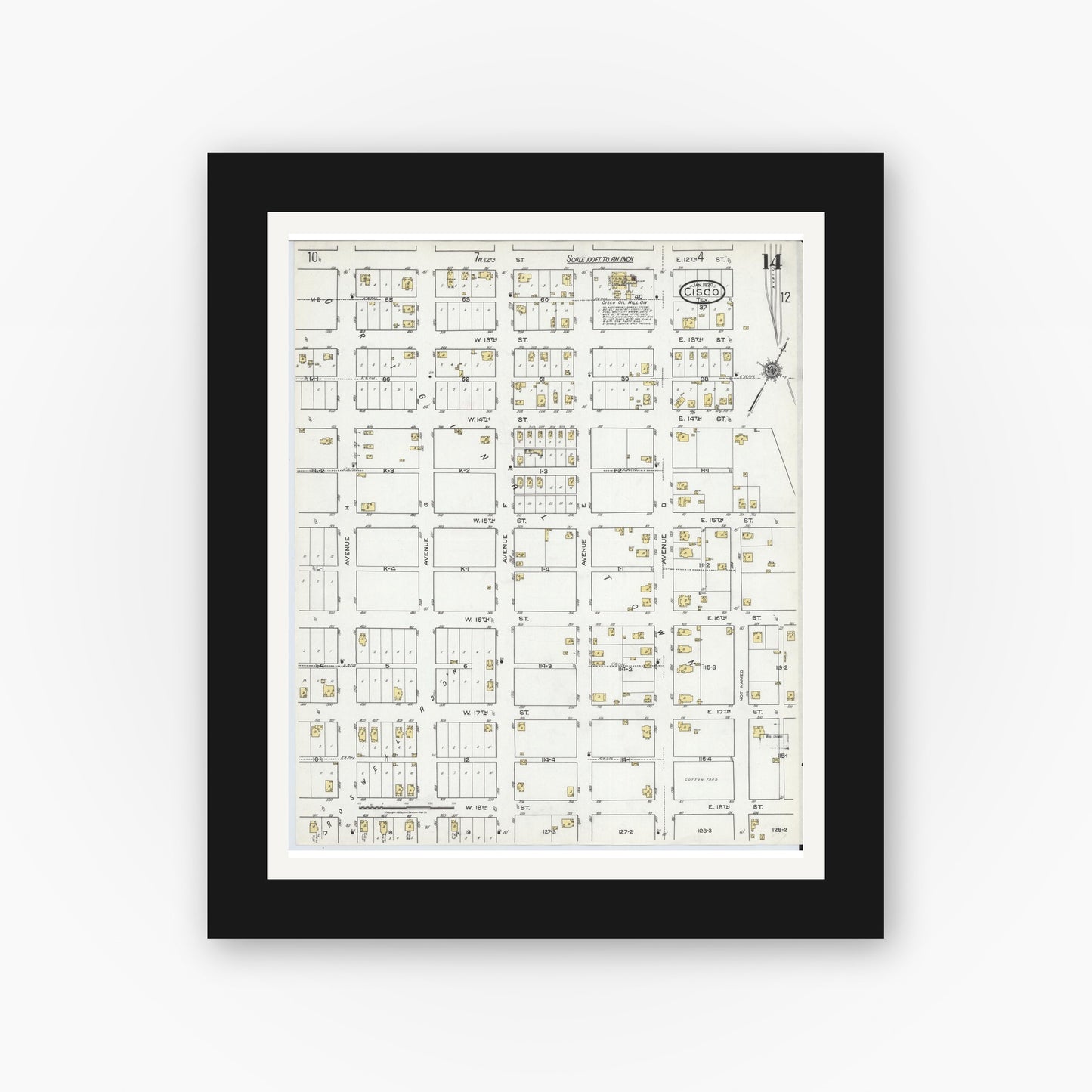 Old map wall art mockup — black gallery frame with white mat — Sanborn Fire Insurance Map from Cisco, Eastland County, Texas (1920), Sheet #0014