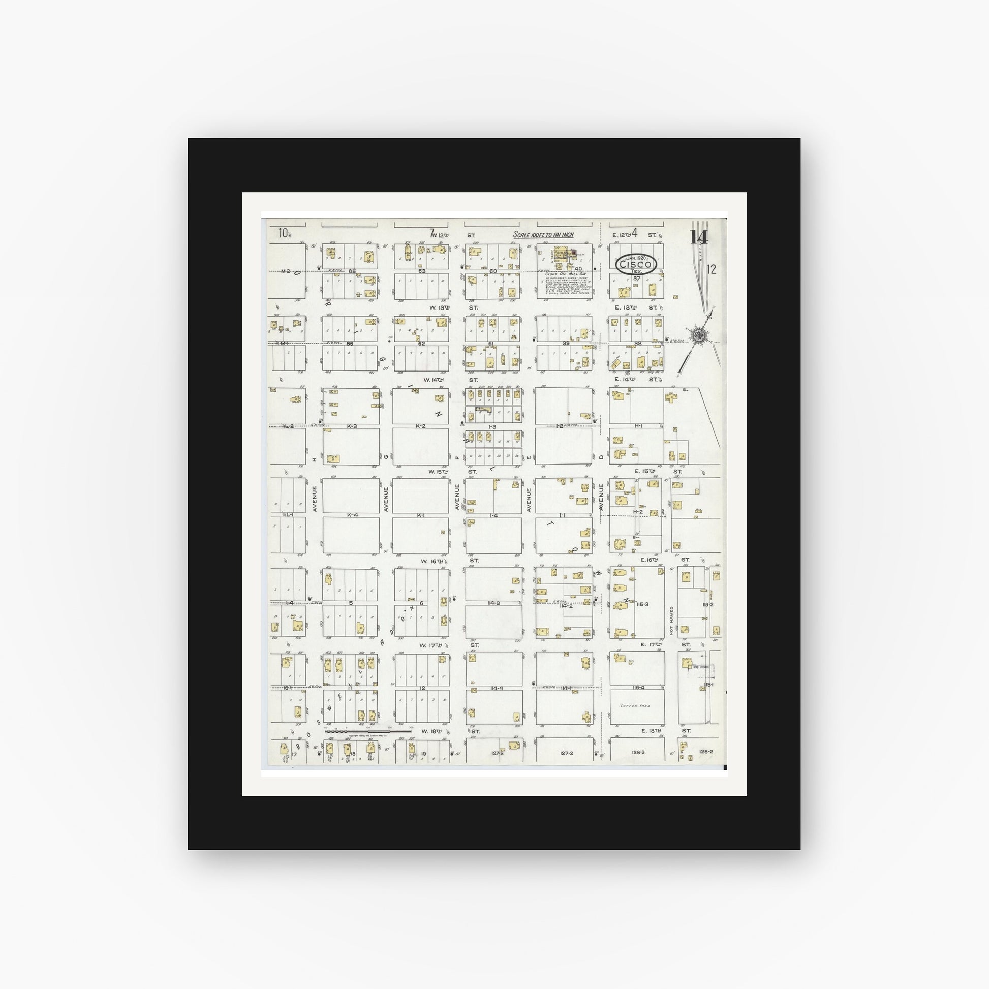 Old map wall art mockup — black gallery frame with white mat — Sanborn Fire Insurance Map from Cisco, Eastland County, Texas (1920), Sheet #0014