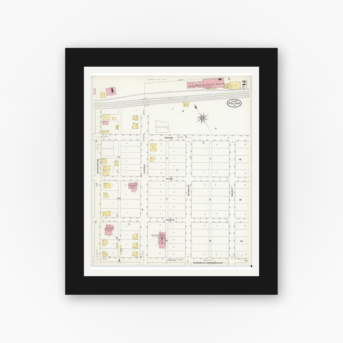 Old map wall art mockup — black gallery frame with white mat — Sanborn Fire Insurance Map from Bolivar, Westmoreland County, Pennsylvania (1909), Sheet #0002