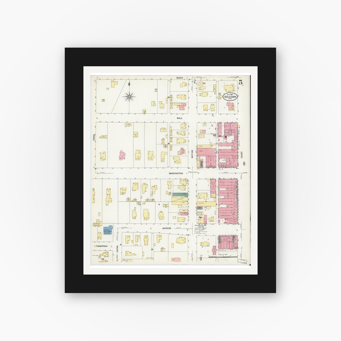 Old map wall art mockup — black gallery frame with white mat — Sanborn Fire Insurance Map from Sullivan, Sullivan County, Indiana (1907), Sheet #0005