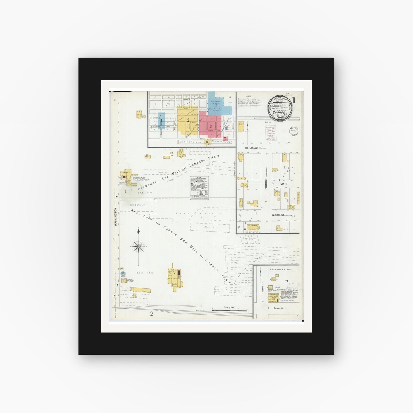 Old map wall art mockup — black gallery frame with white mat — Sanborn Fire Insurance Map from Thorpe, Clark County, Wisconsin (1900), Sheet #0001