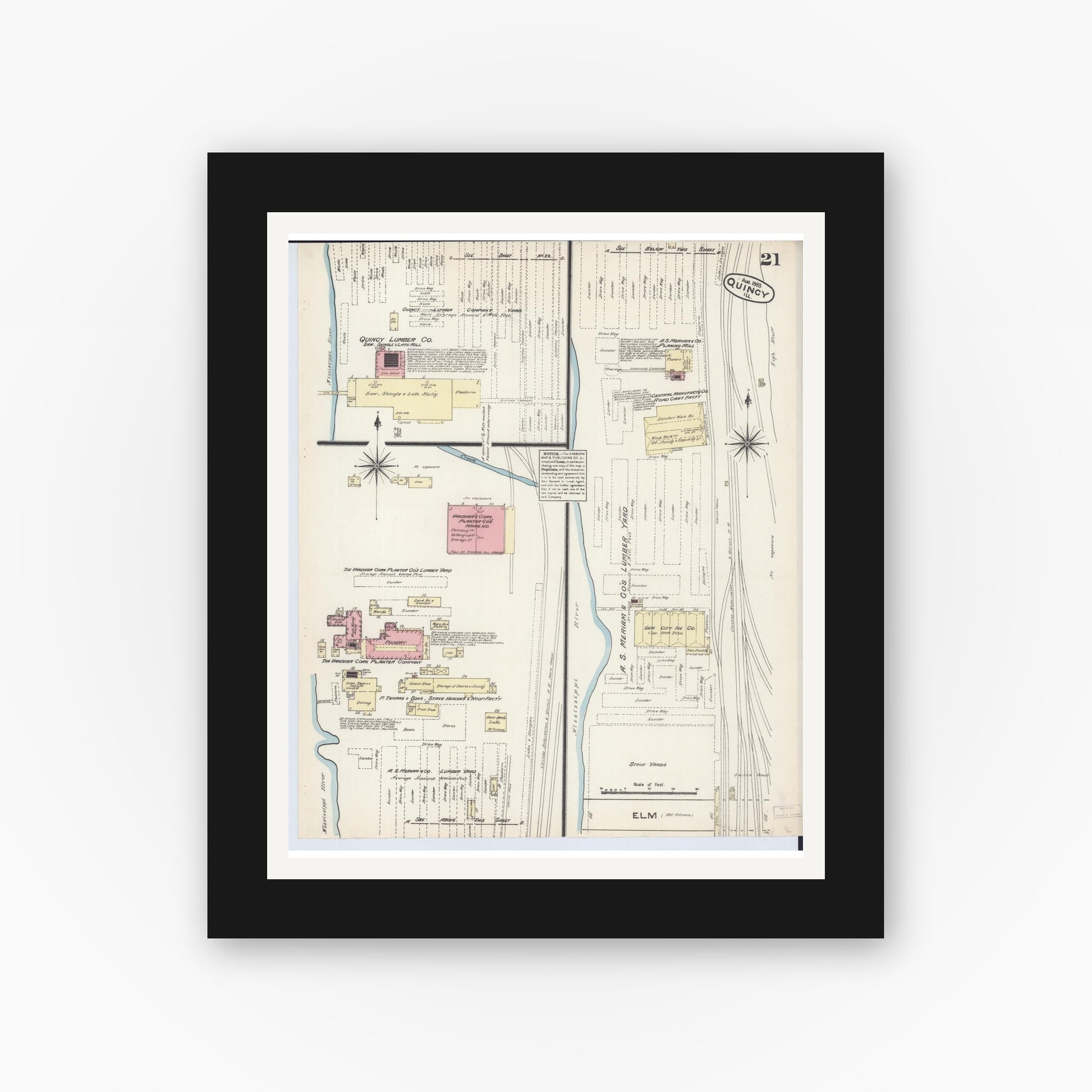 Old map wall art mockup — black gallery frame with white mat — Sanborn Fire Insurance Map from Quincy, Adams County, Illinois (1883), Sheet #0021