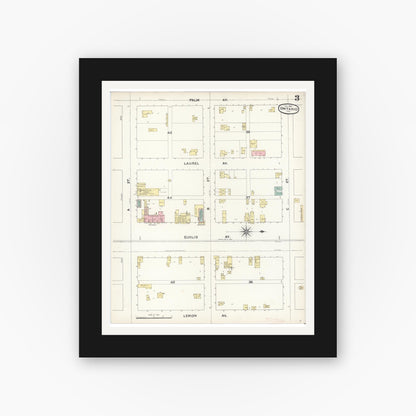 Old map wall art mockup — black gallery frame with white mat — Sanborn Fire Insurance Map from Ontario, San Bernardino County, California (1891), Sheet #0003
