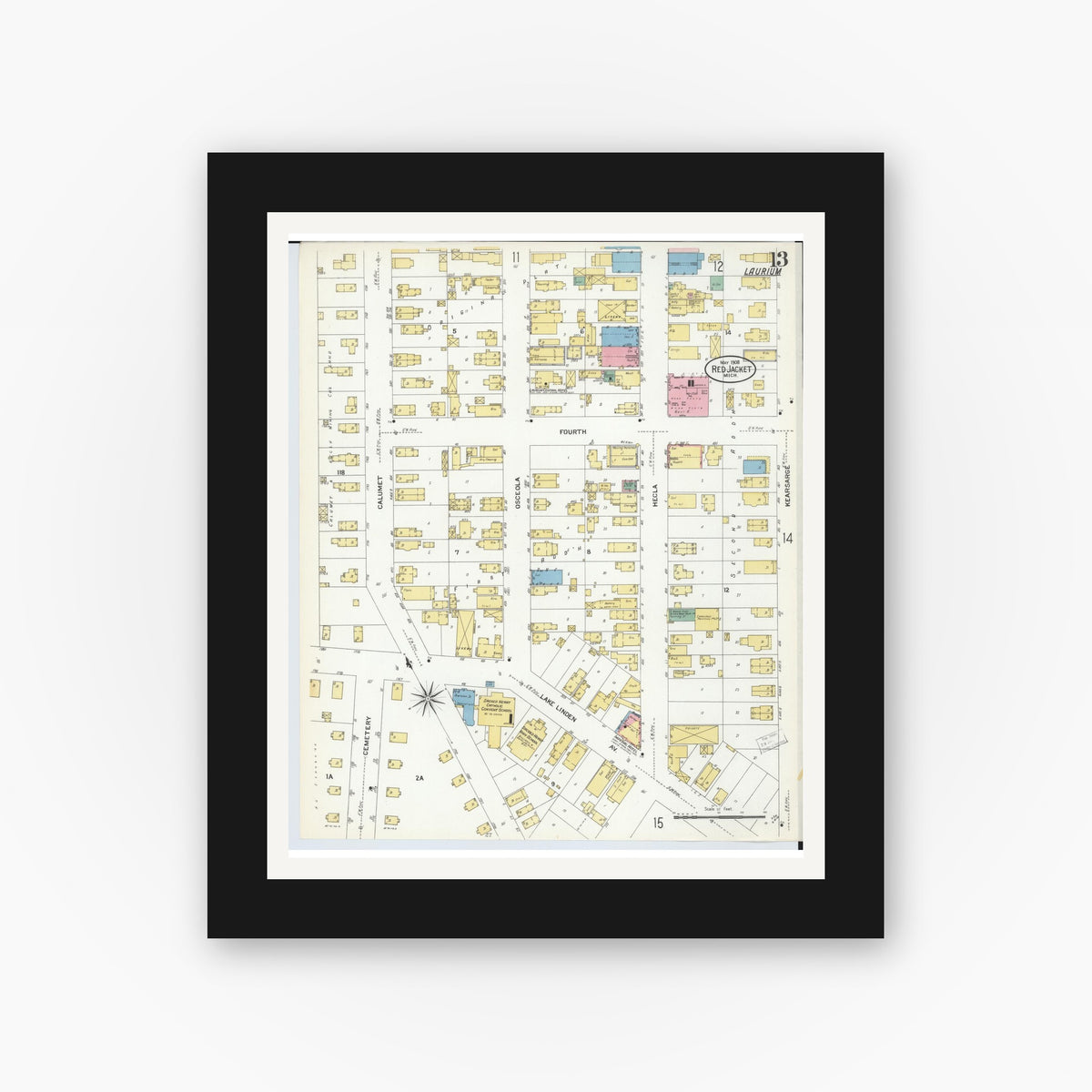 Old map wall art mockup — black gallery frame with white mat — Sanborn Fire Insurance Map from Red Jacket, Houghton County, Michigan (1908), Sheet #0013