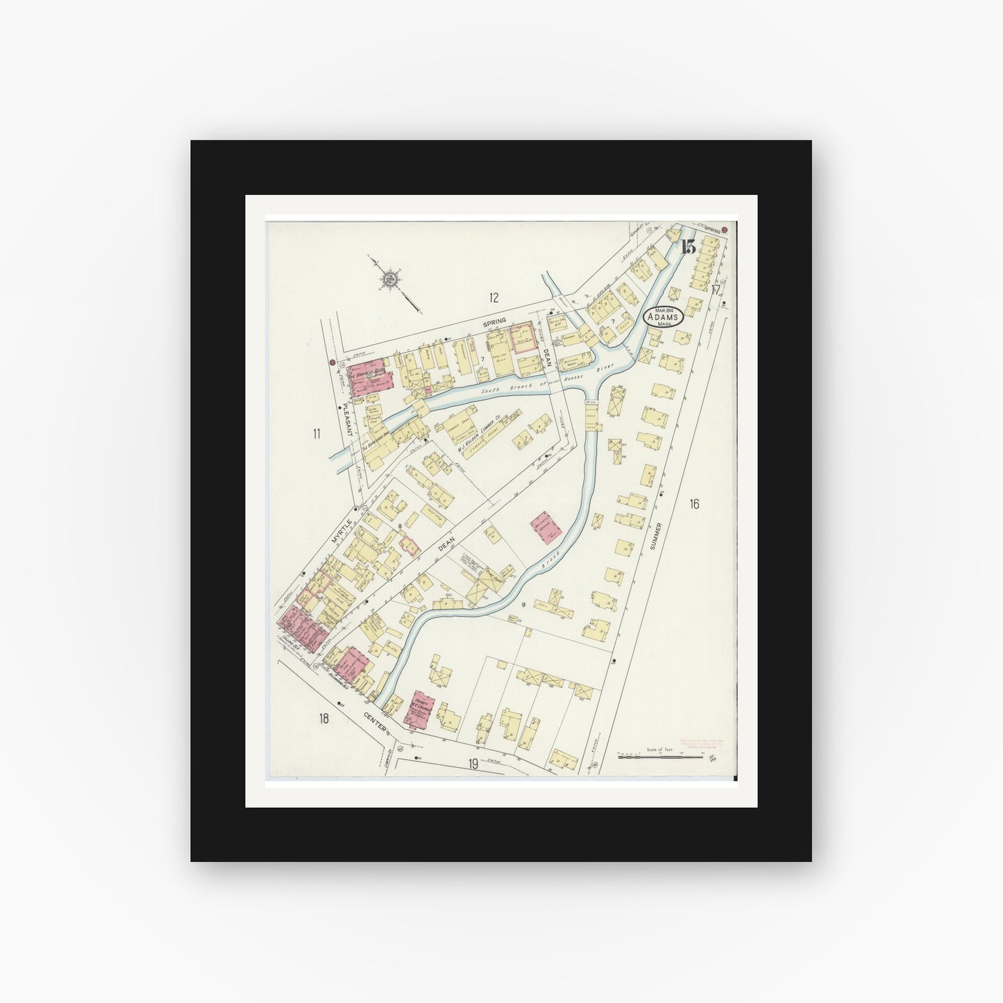 Old map wall art mockup — black gallery frame with white mat — Sanborn Fire Insurance Map from Adams, Berkshire County, Massachusetts (1914), Sheet #0015