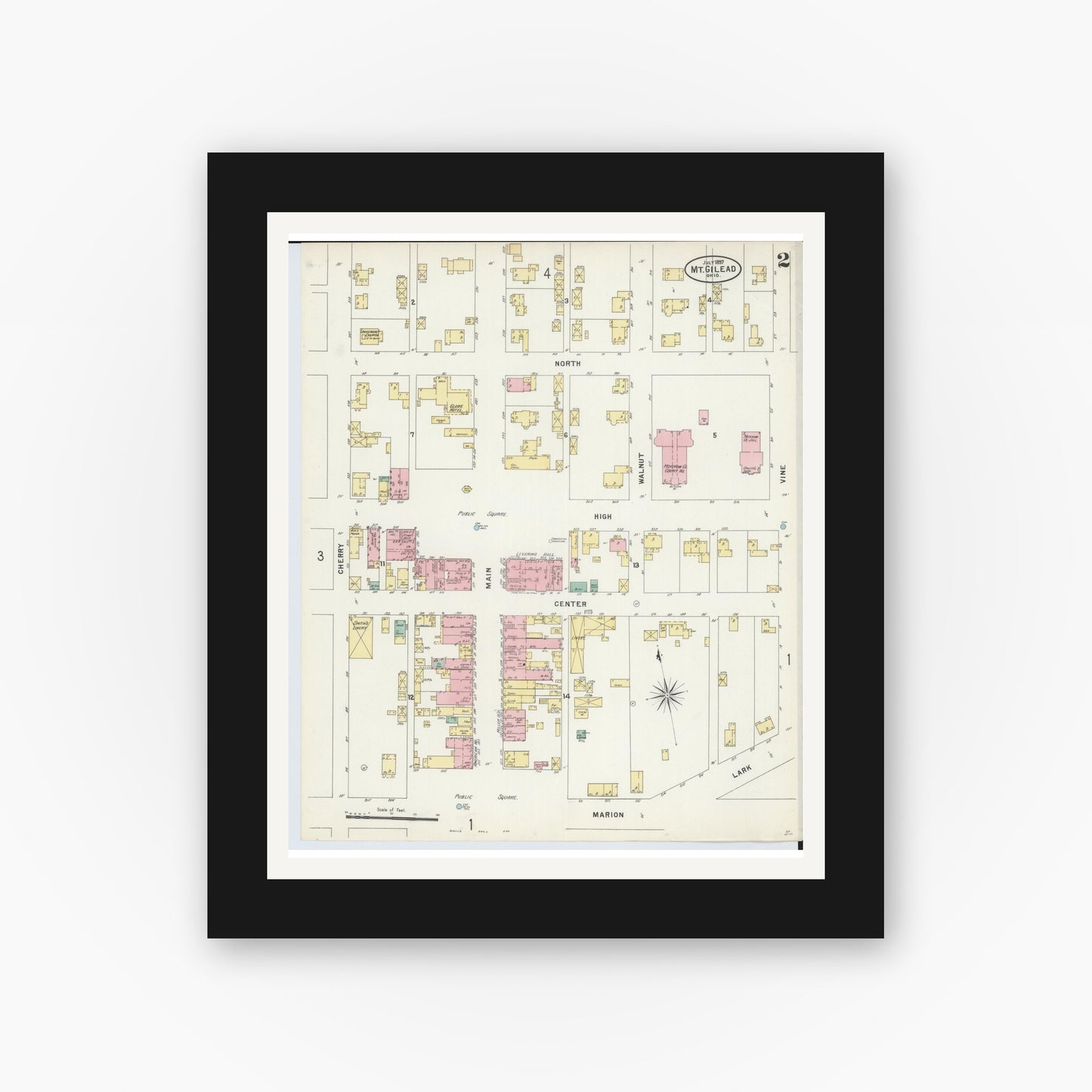 Old map wall art mockup — black gallery frame with white mat — Sanborn Fire Insurance Map from Mount Gilead, Morrow County, Ohio (1897), Sheet #0002