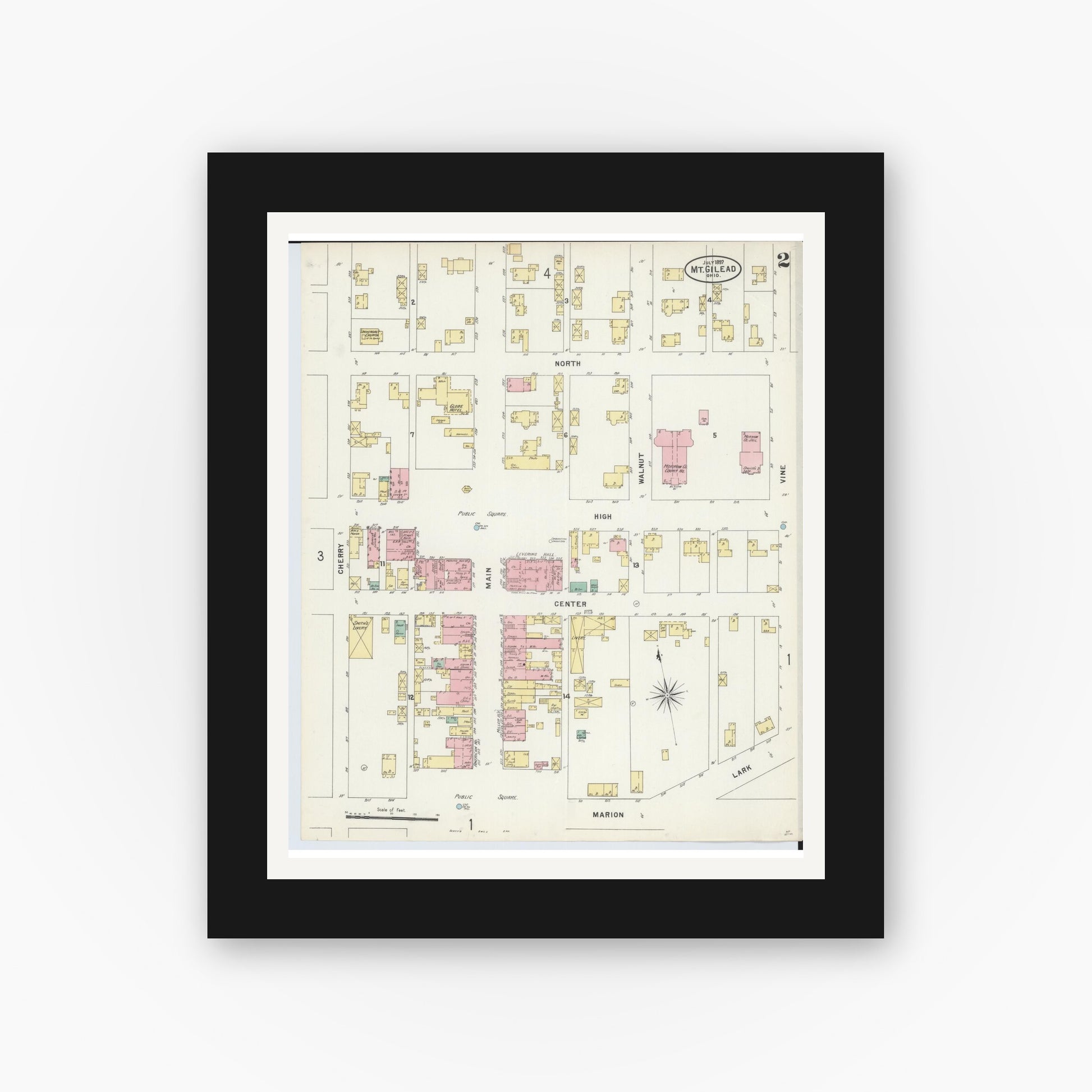 Old map wall art mockup — black gallery frame with white mat — Sanborn Fire Insurance Map from Mount Gilead, Morrow County, Ohio (1897), Sheet #0002