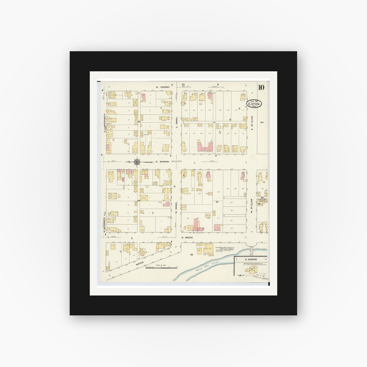 Old map wall art mockup — black gallery frame with white mat — Sanborn Fire Insurance Map from Eaton, Preble County, Ohio (1911), Sheet #0010