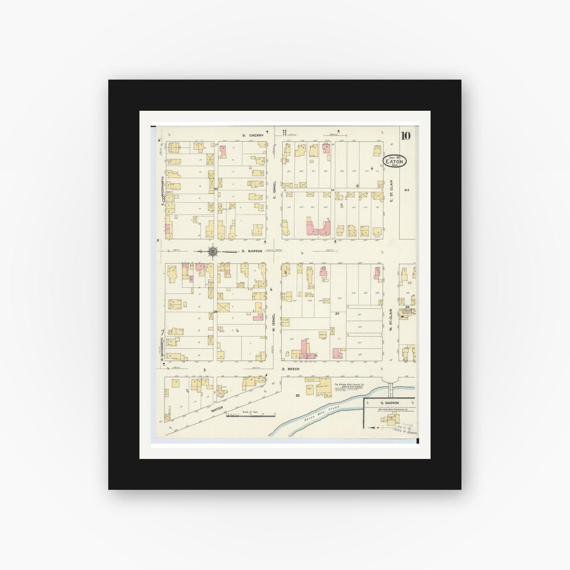Old map wall art mockup — black gallery frame with white mat — Sanborn Fire Insurance Map from Eaton, Preble County, Ohio (1911), Sheet #0010