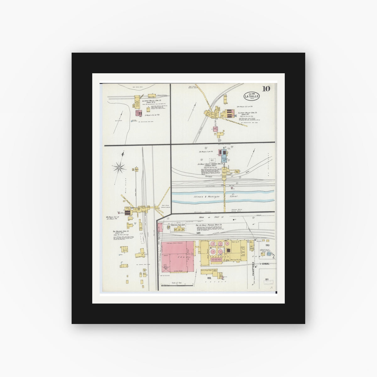Old map wall art mockup — black gallery frame with white mat — Sanborn Fire Insurance Map from La Salle, La Salle County, Illinois (1898), Sheet #0010