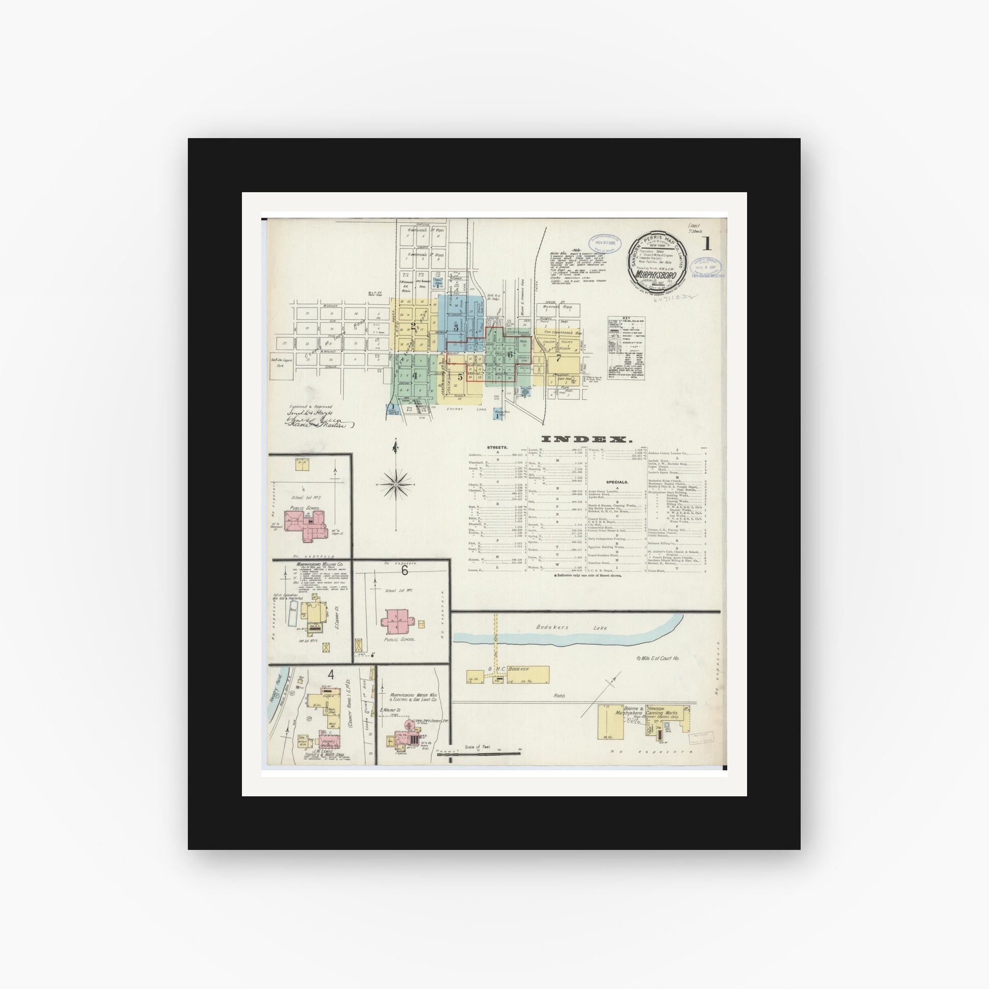 Old map wall art mockup — black gallery frame with white mat — Sanborn Fire Insurance Map from Murphysboro, Jackson County, Illinois (1897), Sheet #0001