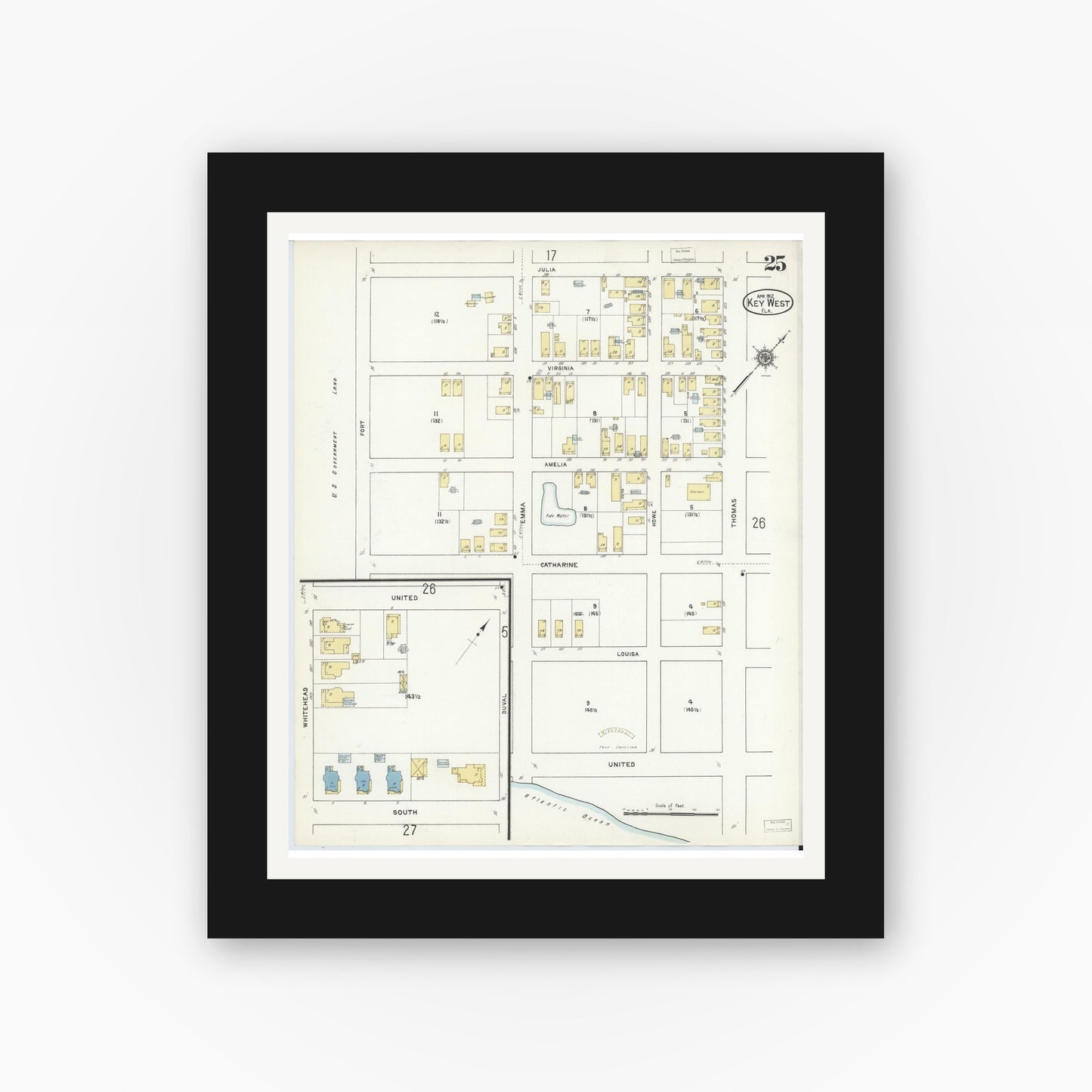 Old map wall art mockup — black gallery frame with white mat — Sanborn Fire Insurance Map from Key West, Monroe County, Florida (1912), Sheet #0025