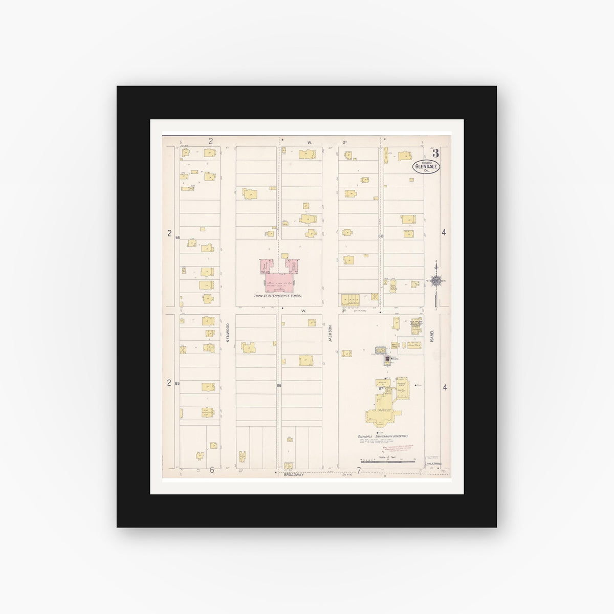 Old map wall art mockup — black gallery frame with white mat — Sanborn Fire Insurance Map from Glendale, Los Angeles County, California (1912), Sheet #0003