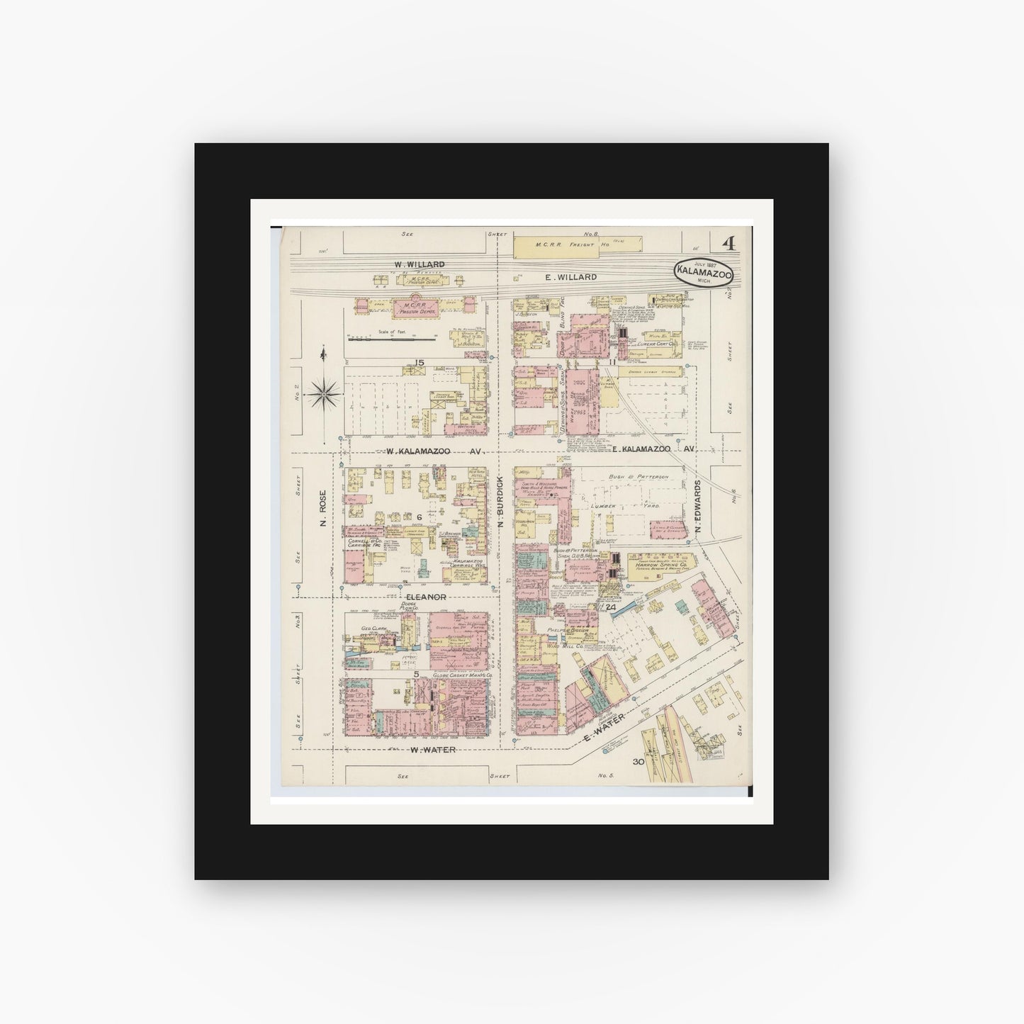Old map wall art mockup — black gallery frame with white mat — Sanborn Fire Insurance Map from Kalamazoo, Kalamazoo County, Michigan (1887), Sheet #0004