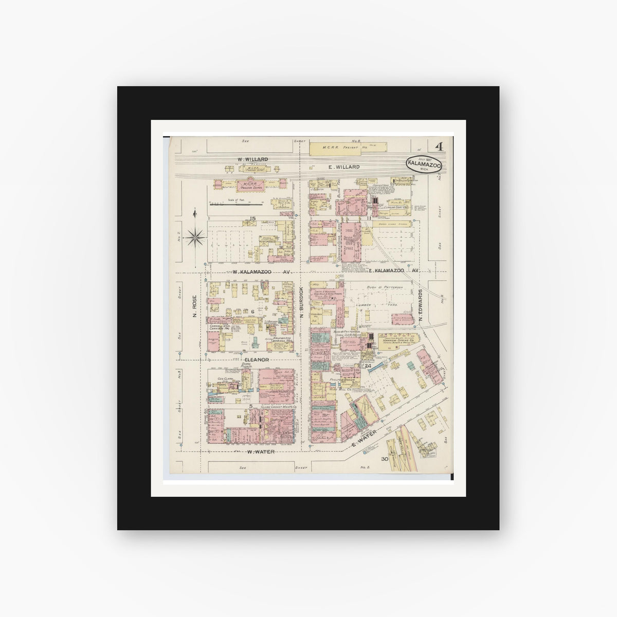 Old map wall art mockup — black gallery frame with white mat — Sanborn Fire Insurance Map from Kalamazoo, Kalamazoo County, Michigan (1887), Sheet #0004
