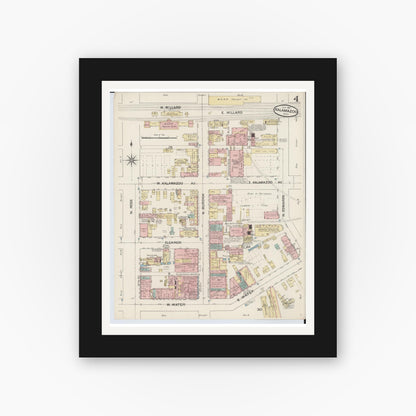 Old map wall art mockup — black gallery frame with white mat — Sanborn Fire Insurance Map from Kalamazoo, Kalamazoo County, Michigan (1887), Sheet #0004