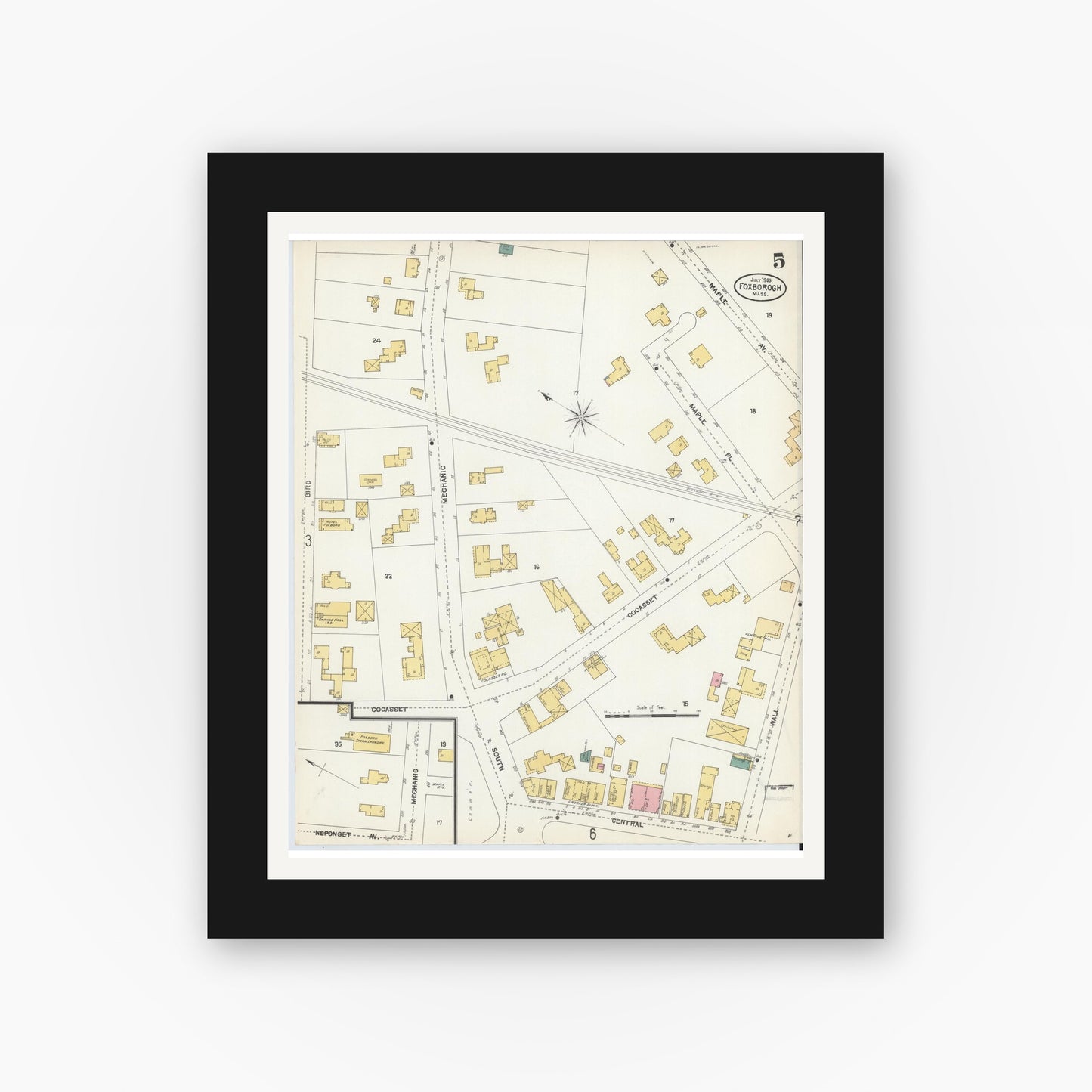 Old map wall art mockup — black gallery frame with white mat — Sanborn Fire Insurance Map from Foxboro, Norfolk County, Massachusetts (1903), Sheet #0005