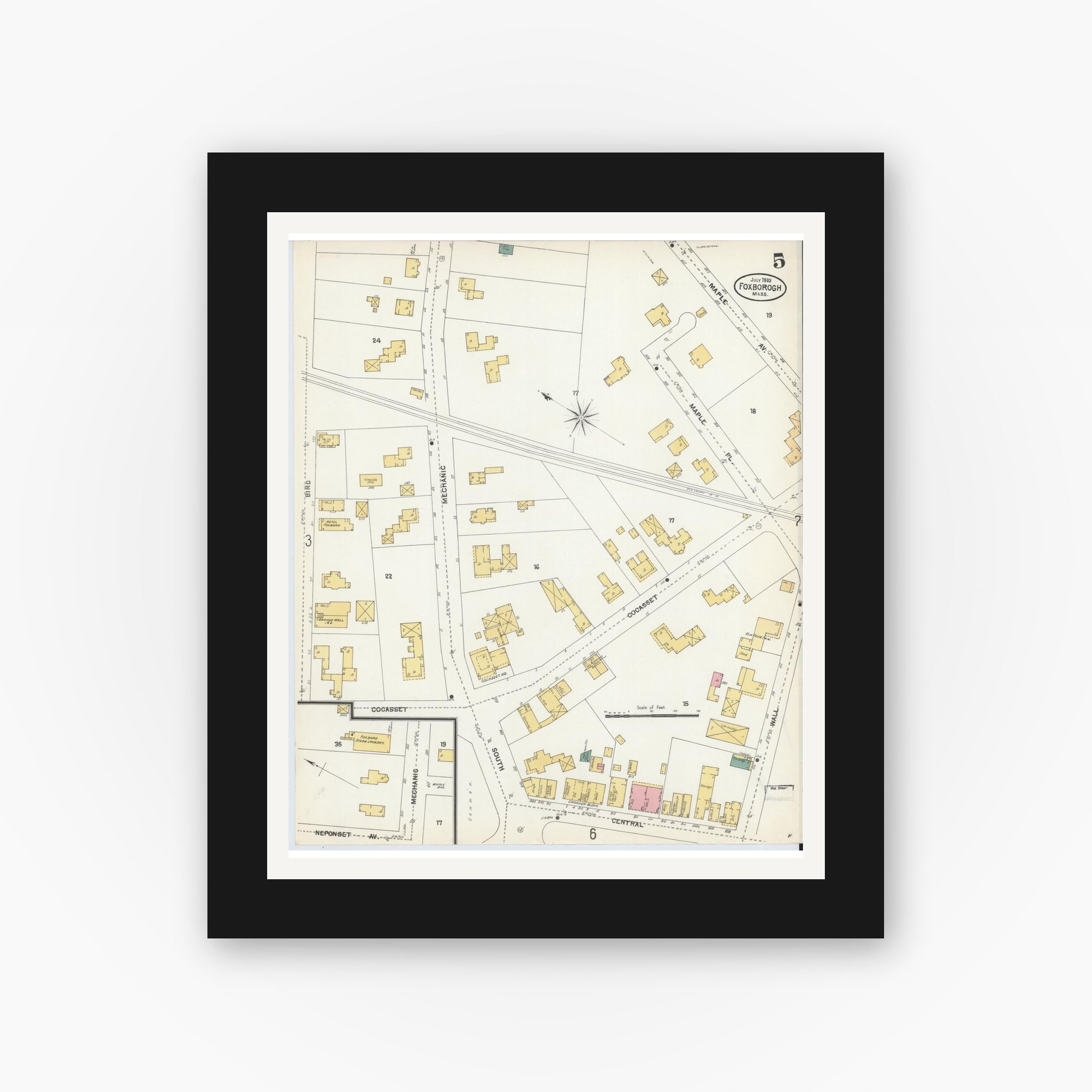 Old map wall art mockup — black gallery frame with white mat — Sanborn Fire Insurance Map from Foxboro, Norfolk County, Massachusetts (1903), Sheet #0005