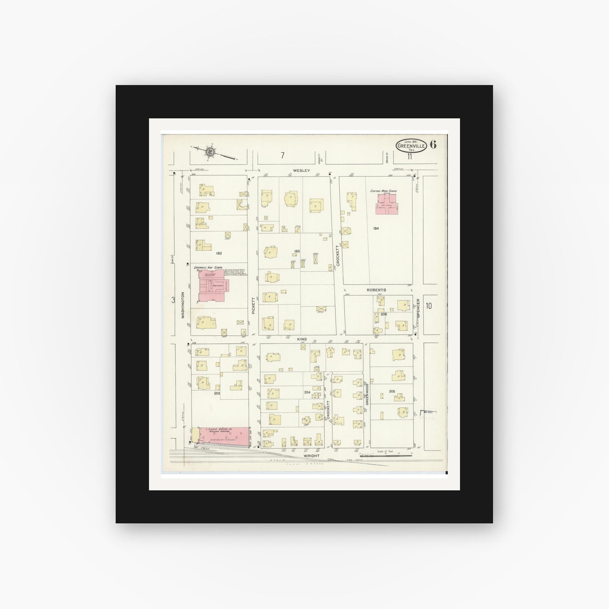 Old map wall art mockup — black gallery frame with white mat — Sanborn Fire Insurance Map from Greenville, Hunt County, Texas (1914), Sheet #0006
