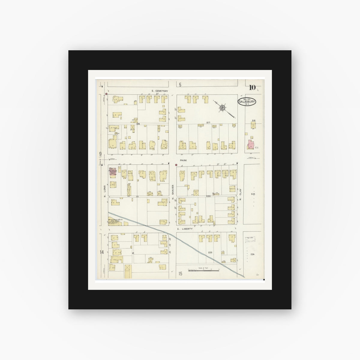Old map wall art mockup — black gallery frame with white mat — Sanborn Fire Insurance Map from Salisbury, Rowan County, North Carolina (1913), Sheet #0010