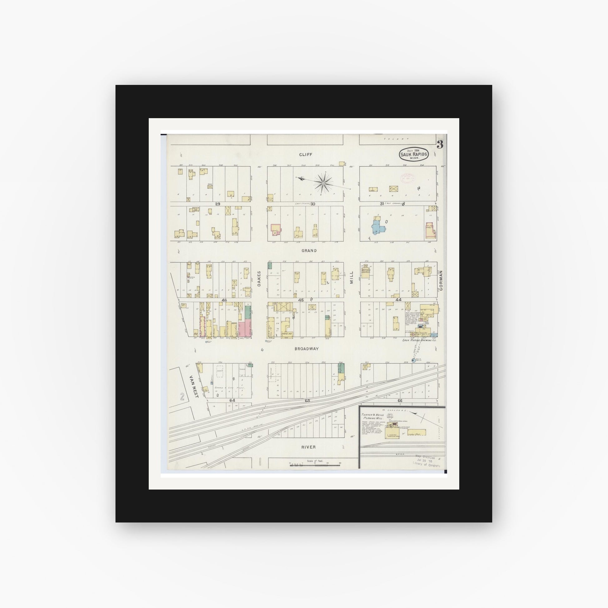 Old map wall art mockup — black gallery frame with white mat — Sanborn Fire Insurance Map from Sauk Rapids, Benton County, Minnesota (1894), Sheet #0003