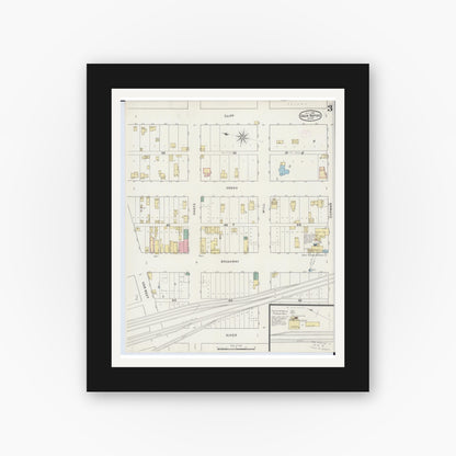 Old map wall art mockup — black gallery frame with white mat — Sanborn Fire Insurance Map from Sauk Rapids, Benton County, Minnesota (1894), Sheet #0003