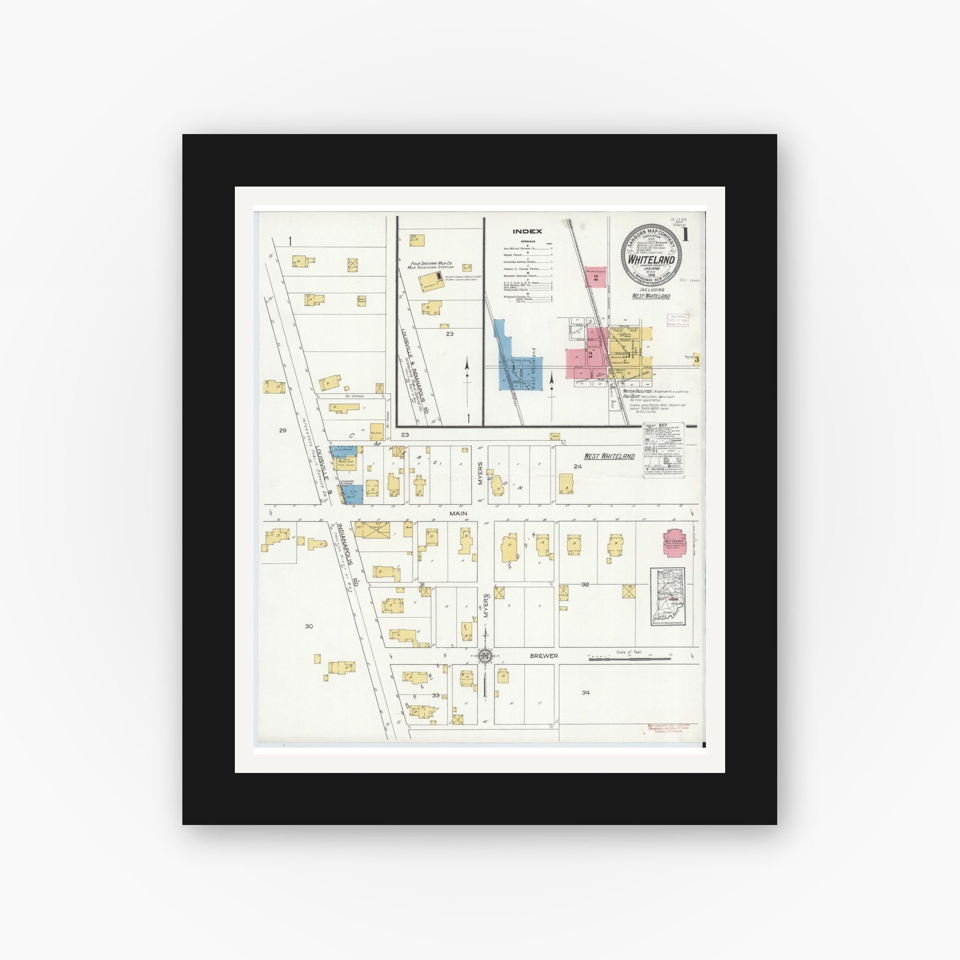 Old map wall art mockup — black gallery frame with white mat — Sanborn Fire Insurance Map from Whiteland, Johnson County, Indiana (1916) - Complete Map Set