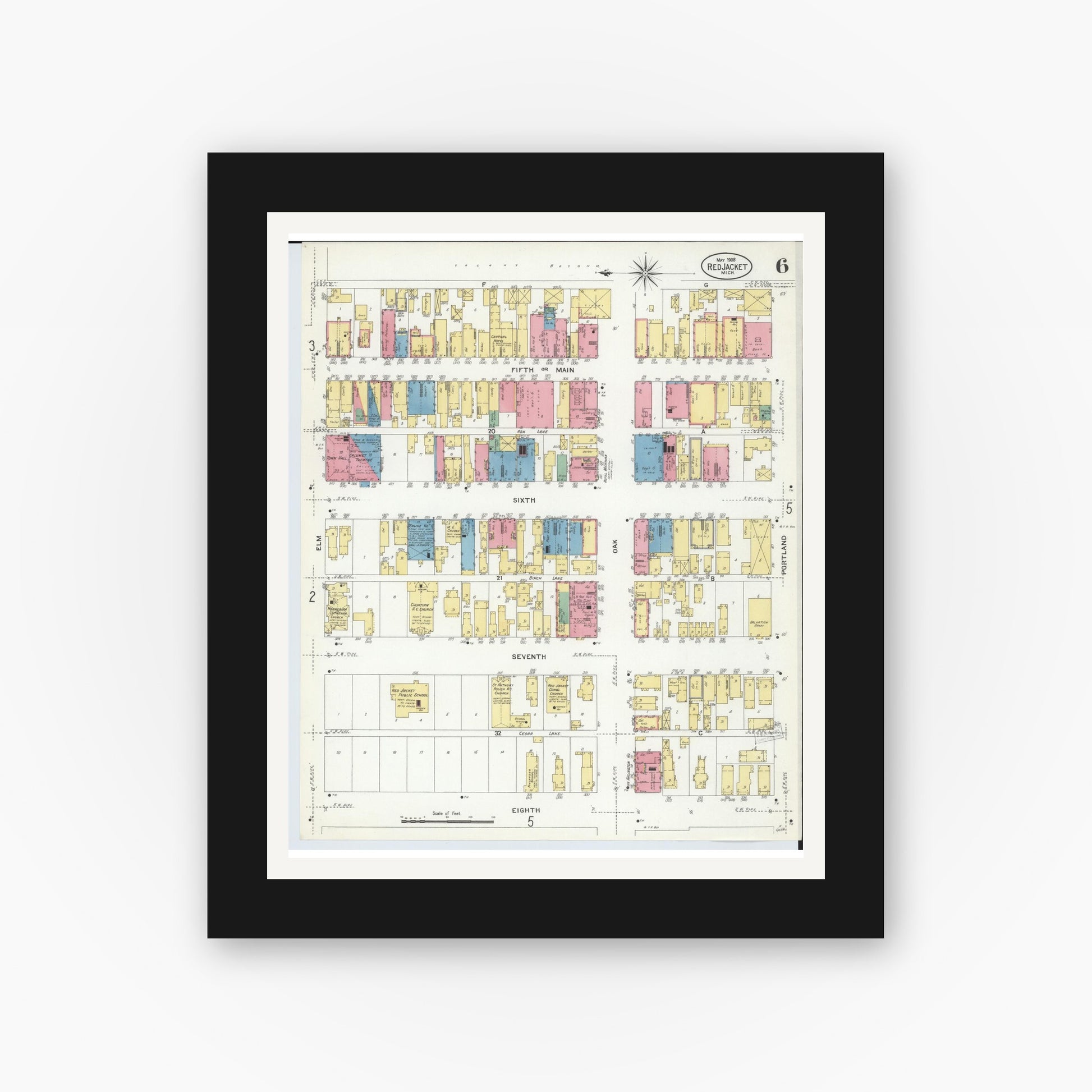 Old map wall art mockup — black gallery frame with white mat — Sanborn Fire Insurance Map from Red Jacket, Houghton County, Michigan (1908), Sheet #0006