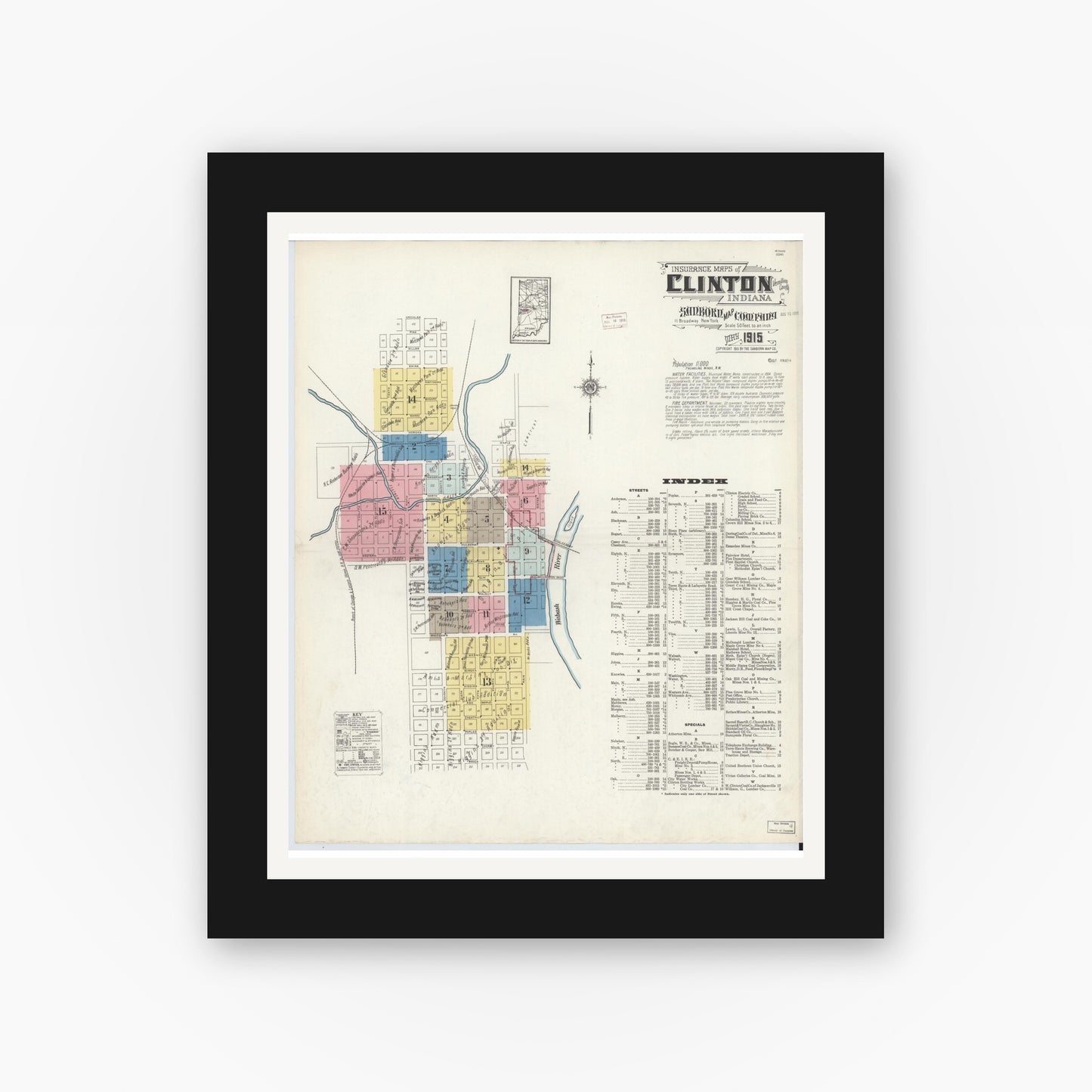 Old map wall art mockup — black gallery frame with white mat — Sanborn Fire Insurance Map from Clinton, Vermillion County, Indiana (1915) - Complete Map Set