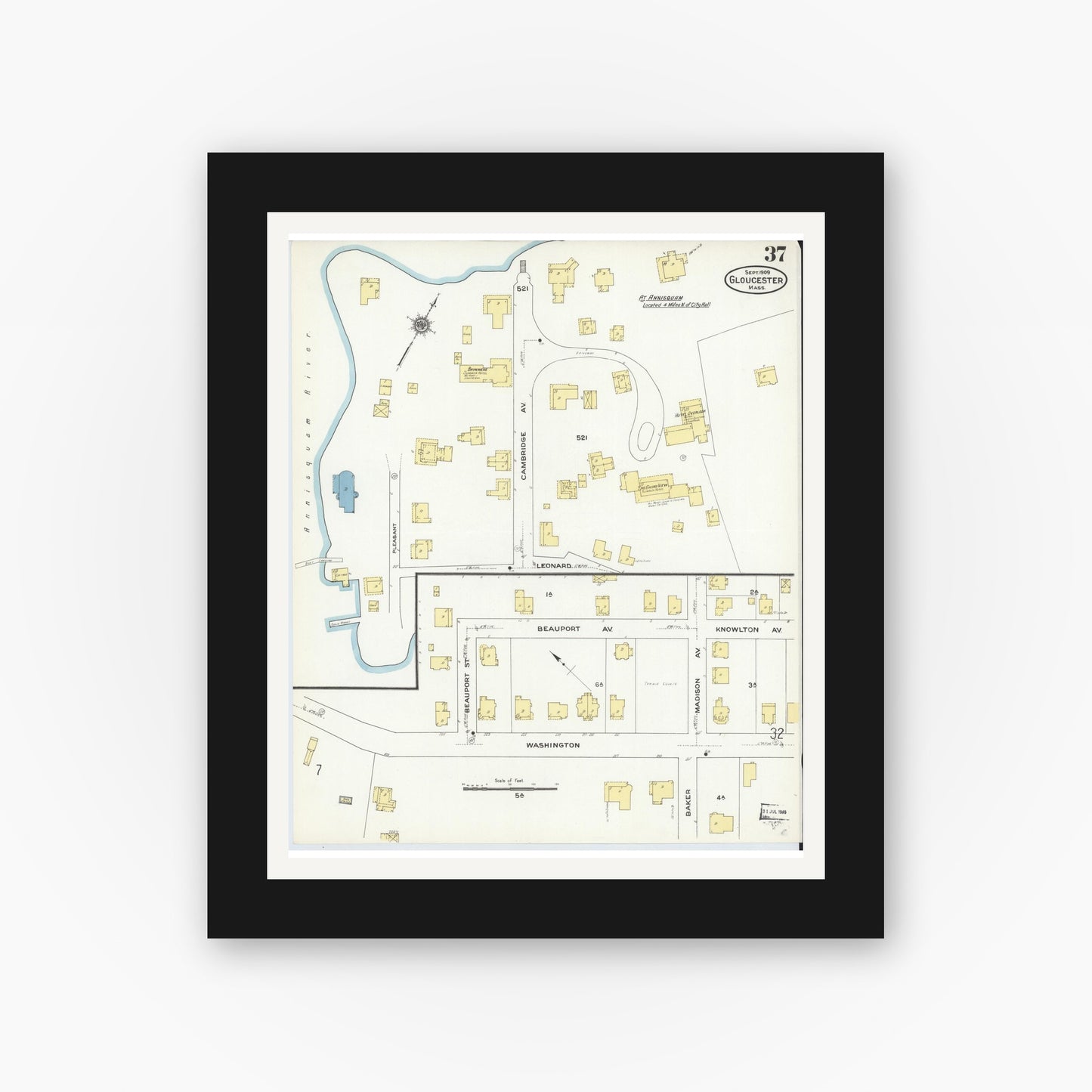 Old map wall art mockup — black gallery frame with white mat — Sanborn Fire Insurance Map from Gloucester, Essex County, Massachusetts (1909), Sheet #0037
