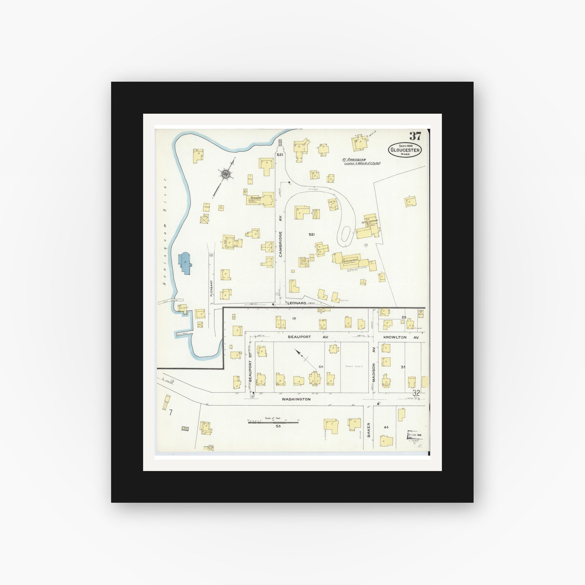 Old map wall art mockup — black gallery frame with white mat — Sanborn Fire Insurance Map from Gloucester, Essex County, Massachusetts (1909), Sheet #0037