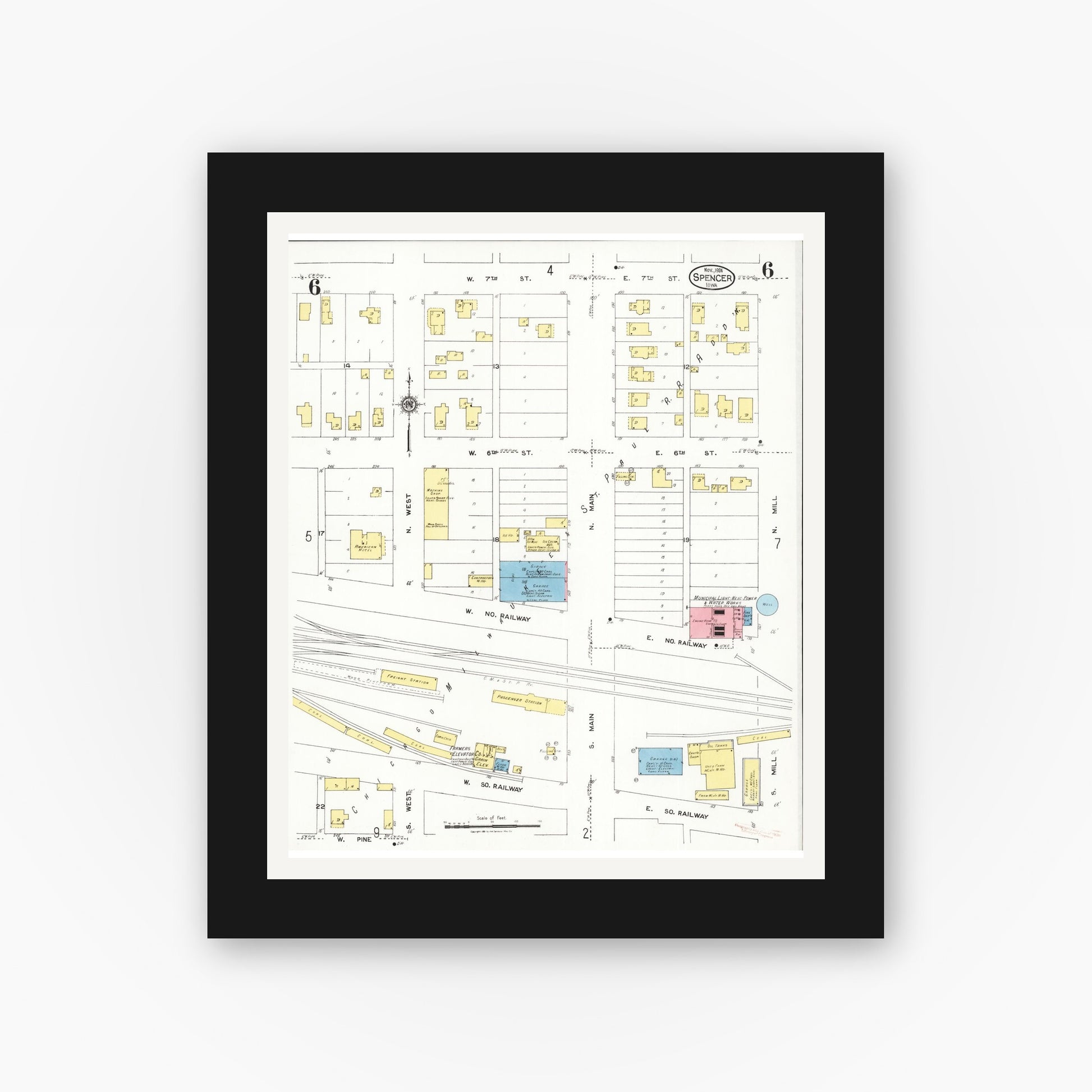 Old map wall art mockup — black gallery frame with white mat — Sanborn Fire Insurance Map from Spencer, Clay County, Iowa (1924), Sheet #0006