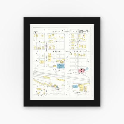 Old map wall art mockup — black gallery frame with white mat — Sanborn Fire Insurance Map from Spencer, Clay County, Iowa (1924), Sheet #0006